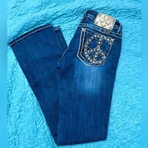 MissMe Embellished Bootcut Jeans with Peace Sign on Back Pockets sz 28